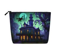IPPONGET Bolsa de maquillaje negra con estampado de mansión encantada, bolsa de maquillaje de una sola capa con bolsas con cremallera para mujer, bonita y portátil, color negro, talla única, Negro
