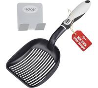 iPrimio Cuchara de arena para gatos de metal con pala profunda, color negro, cuchara de arena para gatos de aluminio antiadherente para caja de arena, diseñada por propietarios de gatos, tamiz patentado con soporte, mango súper sólido