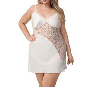 IPUDIS Camisón de Novia Sexy de Satén Sedoso para Mujer Talla Grande Patchwork de Encaje Ropa de Dormir de Novia Camisón Transparente de Malla Escote en V Babydoll Blanco 3XL