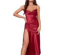 IPUDIS Vestido Largo de Satén de Seda con Tirantes Finos para Mujer Camisón Fino con Escote en V y Espalda Descubierta Lencería Sexy Camisón con Abertura Lateral Babydoll Rojo S