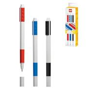 IQ LEGO Juego de papelería (3), Bolígrafos de tinta de gel en negro/rojo/azul: Diversión clásica para construcción y pintura, papelería moderna, con un diseño exclusivo de Lego incluido almacenamiento