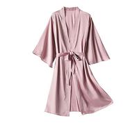 IQYU Bata de satén para mujer, color rosa, fina, bata, sauna, kimono, tallas grandes, manga larga, albornoz ligero, elegante con cinturón, camisón ligero de invierno, Rosa., XXL