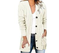 IQYU Cardigans para mujer Largo con botones Abrigo de punto grueso Jersey con bolsillos Chaqueta de punto grueso con patrón de trenza Chaqueta gruesa Algodón Bolero Chaqueta de Hombro, beige, XXL