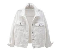 IQYU Cazadora vaquera para mujer, corte holgado, estilo informal, chaqueta vaquera, chaqueta vaquera con volante, para mujer, Blanco, L