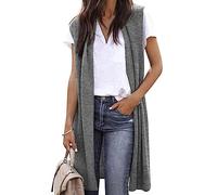 IQYU Chaleco sin mangas para mujer, largo y ligero, cárdigan de punto sin mangas, elegante, monocolor, cárdigan de punto, chaqueta de transición de otoño, chaleco de punto largo abierto por delante