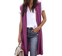 IQYU Chaleco sin mangas para mujer, largo y ligero, cárdigan de punto sin mangas, elegante, monocolor, cárdigan de punto, chaqueta de transición de otoño, chaleco de punto largo abierto por delante