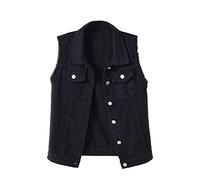 IQYU Chaleco vaquero negro para mujer - chaleco vaquero para mujer, tallas grandes, chaqueta vaquera, chaleco de mezclilla lavado rasgado, chaleco vaquero con gala, chaleco vaquero de talla grande,