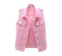 IQYU Chaleco vaquero para mujer, sin mangas, de gran tamaño, vaquero, sin mangas, corte ajustado, chaqueta vaquera destruida, chaleco vaquero con botones, Rosa., XXL