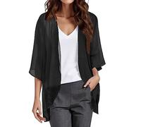 IQYU Chaqueta corta para mujer de gasa festiva, bolero negro elegante, cárdigan de gasa de manga 3/4, ligera, ligera, ligera, ligera, chaqueta de hombro para vestido, encogido, transparente, chaqueta