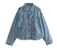 IQYU Chaqueta vaquera para mujer, color azul claro, chaquetas vaqueras para mujer, chaqueta vaquera oversize, chaqueta vaquera, elegante, corta, chaqueta de entretiempo, ligera, chaqueta vaquera,