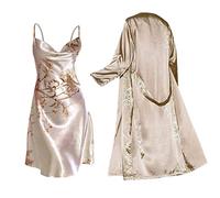 IQYU Conjunto de pijama para mujer largo con bata, camisón de satén, albornoz sexy, bata de lujo, bata de salón ligera, túnica de seda suave, cuello en V, albornoces, unisex, ropa de dormir de seda