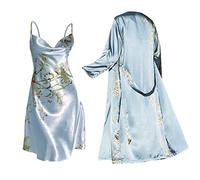 IQYU Conjunto de pijama para mujer largo con bata, camisón de satén, albornoz sexy, bata de lujo, bata de salón ligera, túnica de seda suave, cuello en V, albornoces, unisex, ropa de dormir de seda