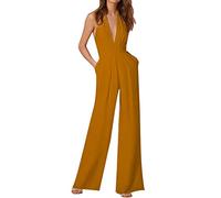 IQYU Mono para mujer, elegante, festivo, boda, verano, sin mangas, largo, espalda descubierta, traje de fiesta, talla grande, pierna ancha, mono de verano con purpurina, amarillo, M