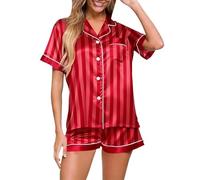 IQYU Pijama corto de satén para mujer, traje de casa de 2 piezas, conjunto de ropa de salón de verano de manga corta, ropa de dormir corta a rayas, conjuntos de pijama, cuello vuelto con botones, para