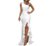 IQYU Vestido de noche largo de sirena, vestido de cóctel para mujer, elegante para bodas, bailes con abertura, vestido maxi con un hombro, vestido de fiesta, vestido largo de noche de novia, Blanco, L