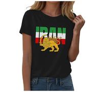 Irán Pahlavi Bandera con el sol de león dorado Tops Cuello Redondo Tops Camiseta Mujer Cuello Redondo Manga Corta Vintage Bandera con León Sol Sol Unidad Casual Dorado Sol León Camiseta, C-negro., M