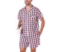 Irdcomps Pijama Hombre Cuadros Corto Verano Pantalones Cortos Conjunto de Algodón Pijama para Hombre 2 Piezas S-XXL（Estilo A-Red de Vino Tinto,XXL）