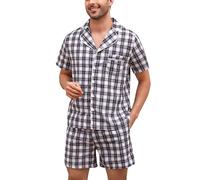 Irdcomps Pijama Hombre Cuadros Corto Verano Pantalones Cortos Conjunto de Algodón Pijama para Hombre 2 Piezas S-XXL（Estilo A-Cuadrícula en Blanco y Negro,M）