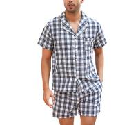 Irdcomps Pijama Hombre Cuadros Corto Verano Pantalones Cortos Conjunto de Algodón Pijama para Hombre 2 Piezas S-XXL（Estilo A-Azul y Blanco,3XL）