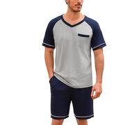 Irdcomps Pijama Hombre Verano Algodón Conjunto de Pijamas Manga Corta y Pantalon Pijama Corto Ropa de Dormir 2 Piezas Bolsillos S-XXL（01-Azul Marino+Gris，L）