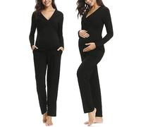 Irdcomps Pijamas de Lactancia para Mujer Invierno Algodón Embarazadas Mujer Maternidad Conjunto Largo Pijama de Hospital para Premamá S-XL（Estilo A- Negro，L）