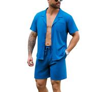 Irdcomps Pijamas Hombre Algodón Verano Corto Conjunto de Pijama para Hombre Pantalones Cortos Ropa de Dormir con Bolsillos 2 Piezas 26#Azul Zafiro,M