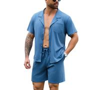 Irdcomps Pijamas Hombre Algodón Verano Corto Conjunto de Pijama para Hombre Pantalones Cortos Ropa de Dormir con Bolsillos 2 Piezas 25#Azul XXL