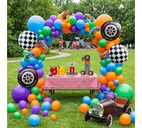 Irenare 171 piezas de decoración de fiesta de cumpleaños de Monster Truck, kit de arco de globos coloridos con ruedas, globos de aluminio, recortes de cartón de camión, globos naranja, verde, azul