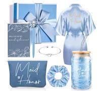 Irenare Juego de 8 piezas de regalo para propuestas, batas, bolsa de maquillaje, tazas, tarjetas, corbatas para el pelo, pulsera, bolígrafo de diamantes, caja de regalo para dama de honor (azul, dama