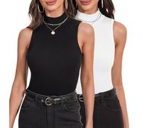 Irevial Camiseta sin Mangas Mujer Verano Top de Cuello Medio Elegante Camisetas Delgada Mujer Camisa Básica Suave Jersey Tops Casual Adecuado para Primavera Otoño Negro+Blanco，L