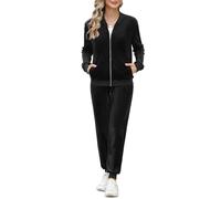 Irevial Casual Conjunto Chandal Mujer de Terciopelo Traje de Pijamas Conjunto Sudadera con Cremallera y Pantalones de Cintura Alta, Casa, Fitness Negro, S