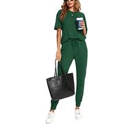 Irevial Conjunto Chandal Mujer Verano Conjunto de Camiseta de Manga Corta y Pantalones con Cordón y Bolsillo Ropa Deportiva 2 Piezas Primavera para Fitness Verde, XXL