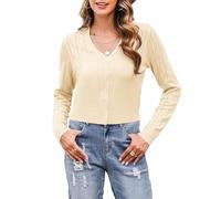 Irevial Elegante Cardigan Ligero con Cuello V Mujer Frontal Abierto de Punto Elástico Corta Tradicional Chaqueta Mujer Chaqueta con Botón Cuello en V para Cóctel Boda Beige，XXL