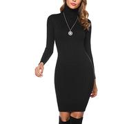 Irevial Vestido Punto de Cuello Alto para Mujer Vestido de Suéter Elegante Ajustado Vestido de Jersey Cuello Alto Manga Larga para Otoño Invierno Negro, M