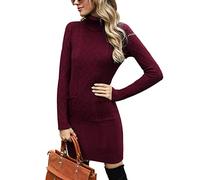 Irevial Vestido Punto Mujer Manga Larga, Jersey Vestidos Invierno Mujer Cuello Alto, Vestido a Punto Cuello Alto para Mujer Otoño Invierno Vino Tinto-XL