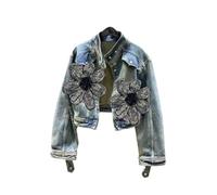 IRGVJIFR Chaqueta Vaquera Mujer Blouse Jacket Women's Spring/Autumn Vintage Cropped Denim Relaxed Fit Stand Collar Rhinestones Para salir(L)