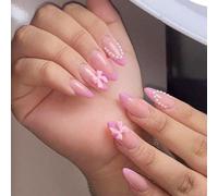 Irikdescia 24 uñas postizas de prensa francesa en tamaño mediano con lazo, desnuda con perlas y lazo para pegar, punta francesa, almendra (morado)