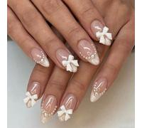 Irikdescia 24 uñas postizas francesas en tamaño mediano con lazo, desnuda con perlas y lazo para pegar, uñas postizas con forma de almendra