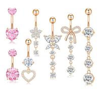 Irikdescia Juego de 7 piercings ombelicale lungo, acciaio quirúrgico argento rosa, design di farfalle e cuori appesi, piercing ombelicale a fiore, set di piercing ombelicale a fiore, set di piercing