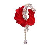 IRIRI Floral Petal Brooch for Women, Red Flower Pin with Zirconia Tassel, Elegant Statement Jewelry for Wedding Party Feast Coat