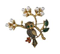 IRIRI Owl Brooch, Beautiful Design Brooch, Night Owl with Green Eyes (3"X3")(Gold)