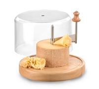 Iris Barcelona Cortador de Queso Horizontal con Tabla de Madera Redonda y Tapa Transparente, Eje Central Giratorio con Cuchilla para Cortar Virutas y Flores de Queso Ø22cm