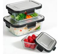 Iris Barcelona - Set de 3 Tapers de Cristal Borosilicato con Tapa de Acero Inoxidable Hermética - Recipientes de Vidrio 370ml, 640ml y 1040ml | Fiambreras Térmicas para Comida Apto Microondas y Frío
