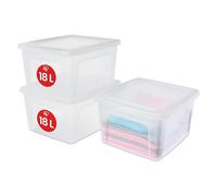 Iris Ohyama 3 Cajas de Almacenaje Plástico Versátiles con Tapa, 18L, Transparente, Cierre fácil, Apilable, para Armario, Estante, Aula, Organizadora, Ropa, Zapatos, Libre de BPA, MCB-18
