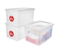 Iris Ohyama 3 Cajas de Almacenaje Plástico Versátiles con Tapa, 50L, Transparente, Cierre fácil, Apilable, para Armario, Estante, Aula, Organizadora, Ropa, Zapatos, Libre de BPA, MCB-50