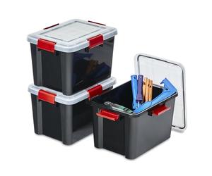 Iris Ohyama 3 Cajas herméticas de plástico con tapa y cierres a presión, 20L, Negro, sello impermeable, apilables, antipolvo, para ropas, camping, exteriores, cubo de almacenaje, box, AT-SD