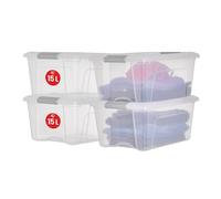 Iris Ohyama 4 Cajas de almacenamiento con tapas, 15L, Plata, Clips de Cierre, Duradero, Apilable, para Dormitorio, Armario, Oficina, Organizadora, Ropa y Zapados, Libre de BPA, NTB-15