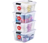 Iris Ohyama 4 Cajas de almacenamiento con tapas, 15L, Transparente, Clips de Cierre, Duradero, Apilable, para Dormitorio, Armario, Oficina, Organizadora, Ropa, Libre de BPA, NTB-15