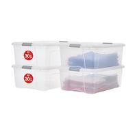 Iris Ohyama 4 Cajas de almacenamiento con tapas, 30L, Plata, Clips de Cierre, Duradero, Apilable, para Dormitorio, Armario, Oficina, Organizadora, Ropa y Zapados, Libre de BPA, NTB-30
