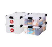 Iris Ohyama 4 Cajas herméticas de plástico con tapa y cierres a presión, 30L, Transparente, sello impermeable, apilables, antipolvo, para ropas, camping, exteriores, cubo de almacenaje, box, AT-LS